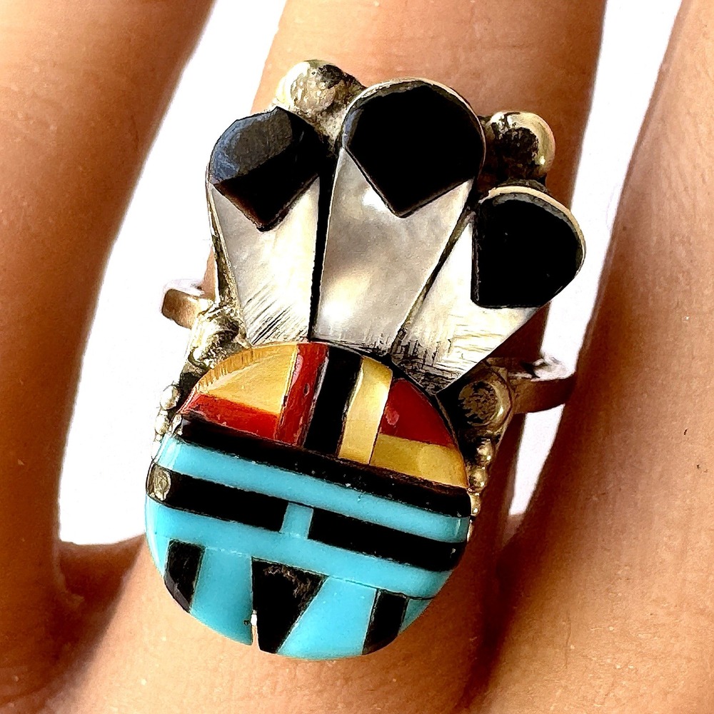 Zuni Sunface Turquoise Ring Sz 7 Headdress Native‎ American Sterling Handmade